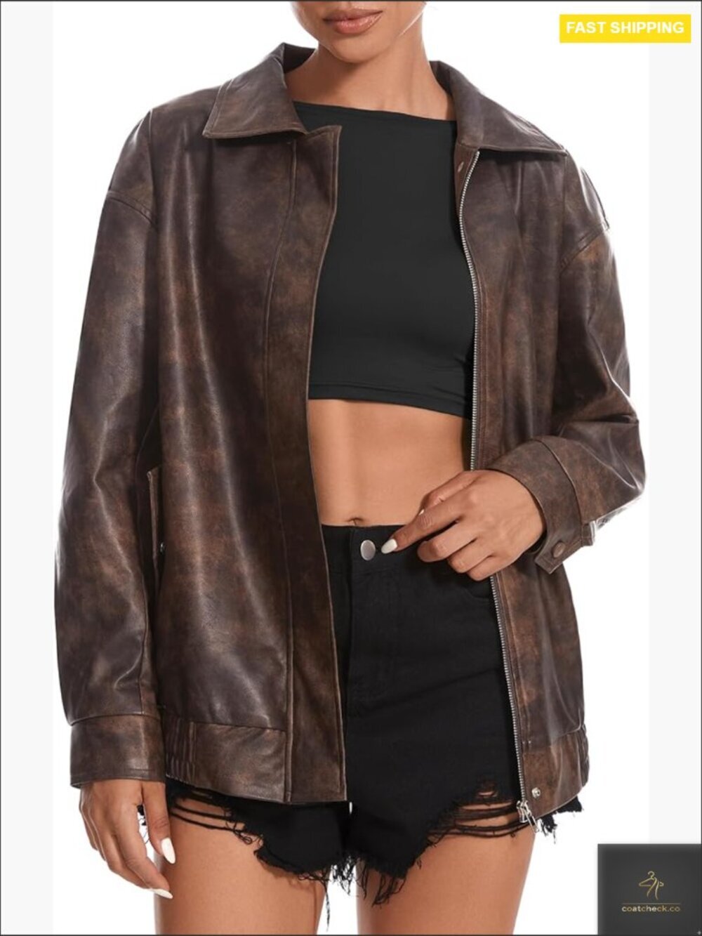Oversized Faux Leather Bomber Jacket Zipper Cocoon Coat Chic Motorcycle Style